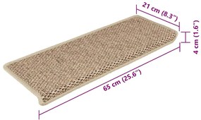 Tapetes escada adesivos aspeto sisal 15pcs 65x21x4cm cor areia