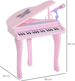 Piano de Cauda Electrónico para Crianças, 48 x 39 x 69 cm, 37 Teclas Multifunções, Cor-de-Rosa