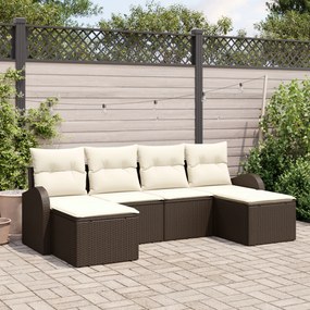 Conjunto de Sofá de Jardim de 6 Peças com Almofadas Castanho Vime PE,