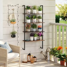 Estante flutuante de parede 76 x 30 x 163 cm com 4 níveis, estrutura metálica e escada de madeira, estilo industrial moderno, cor café