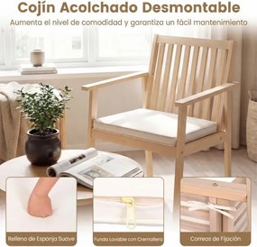 Conjunto 2 Cadeiras de Jantar jardim Madeira Acacia Almofada Removível Apoio de Braços Natural e Branco