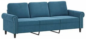 Sofá 3 lugares c/ almofadas decorativas 180 cm veludo azul