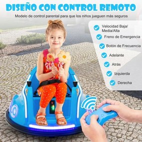 Carrinho de choques para crianças 12V com rotação de 360°, Luzes, controlo remoto, Música  73 x 73 x 43cm Azul