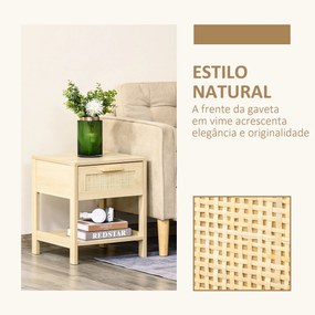 Mesa de cabeceira em malha Mesa lateral com gaveta e prateleira inferior em DM e vime para quarto Sala 40x40x48 cm Cor madeira