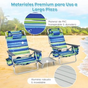 Conjunto de 2 cadeiras reclináveis com mesa de campismo enrolável para exterior Azul+Verde