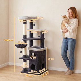 Árvore Arranhadora para Gatos 148 cm com Casota de 2 Níveis, Camas, Rede, Postes em Sisal e Bolas Suspensas