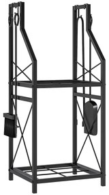 Outsunny Suporte Metálico para Lenha 2 Níveis com 4 Ferramentas Ganchos e Base Elevada para Interior e Exterior 34x30x80 cm Preto | Aosom Portugal