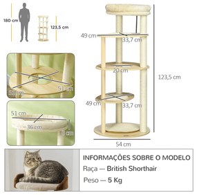 Árvore Arranhador para Gatos de Madeira 123,5cm Torre de Arranhar para Gatos com Múltiplas Plataformas Cama e Almofada Ø54x123,5 cm Carvalho