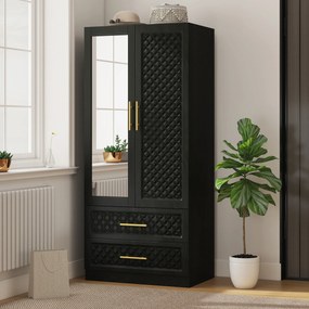 Guarda Roupa com Espelho 2 Portas e 2 Gavetas Relevo de Diamante Barra para Pendurar Estilo Moderno 80x50x180 cm Preto