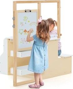 Conjunto de mesa e banco de arte para crianças com cavalete ajustável de dupla face, quadro magnético e rolo de papel substituível Branco