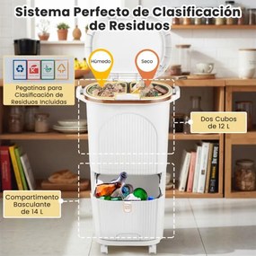 Caixote do lixo 43 x 29 x 74,5 cm para cozinha 38 L com Tampa dupla Camada 2 caixotes removíveis com Pedal e Rodas Branco