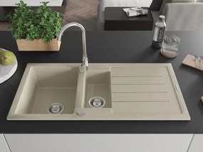 Mexen Andres lava-louça em granito com 1,5 cubas e escorredor 1000 x 500 mm, bege, sifão cromado - 6515101510-69