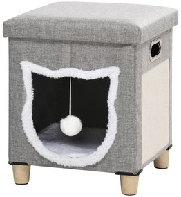 PawHut Casa para Gatos 2 em 1 com Apoio para os Pés com Almofada Amovível e Almofada para Arranhar 35,5x35,5x42,5 cm Cinza | Aosom Portugal