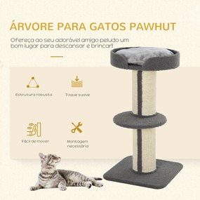 Arranhador para Gatos Altura 91 cm de 3 Níveis com Ninho Plataforma e Poste de Sisal 45x45x91 cm Cinza