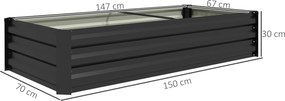 Floreira retangular 150L x 70l x 30H cm para horta ou jardim, em aço, com rebordo de segurança e fundo aberto, na cor preta