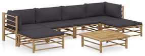 7 pcs conj. lounge jardim em bambu c/ almofadões cinza-escuro