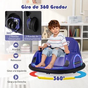 Carrinho de choque para crianças a bateria 6V com luzes LED, conexão sem fio, música e som, rotação de 360°, Púrpura