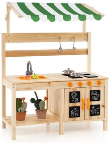 Cozinha de madeira para brincar com dossel ajustável em altura para crianças - Natural