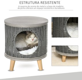 Caverna para Gatos de Vime Casa para Gatos Redonda com Tapete Lavável Pés de Madeira de Pinho Removíveis Ø36x40,5cm Cinza