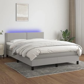 Cama box spring c/ colchão e LED 140x190 cm tecido cinza-claro