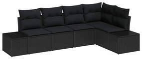 Conjunto de Sofá de Jardim de 5 Peças com Almofadas Rattan Preto