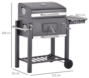 Outsunny Barbecue a Carvão com Rodas Prateleira Lateral e Termômetro Barbecue a Carvão para Jardim Campismo Exterior 115x56x108cm Cinza