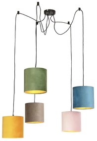 Candeeiro de suspensão com 5 abajures de veludo coloridos 20 cm - Cava Clássico / Antigo,Country / Rústico