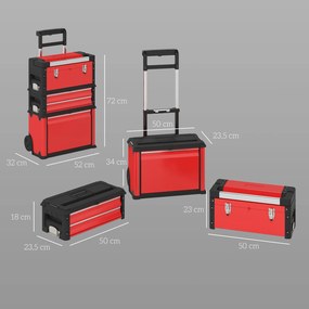 Conjunto de 3 caixas de ferramentas com rodas, empilháveis e modulares, em aço, com tabuleiro, pegas e fechadura, vermelhas