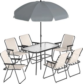 Conjunto de Mesa e Cadeiras de Jardim de 8 Peças com Chapéu de Sol 6 Cadeiras Dobráveis e Mesa de Vidro Creme e Cinza