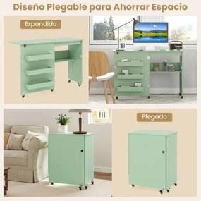 Mesa de costura dobrável 118,5 x 40 x 79,5 cm com estante e 3 compartimentos ocultos com rodas bloqueáveis Verde claro