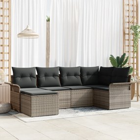 Conjunto de Sofás de Jardim 6 Peças com Almofadas Cinza Rattan Poly, S