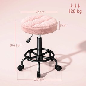 Banco Giratório Cosmetica Redondo Banco com Rodas Altura Regulável 50-66 cm Assento Estofado em Tecido tipo Borreguito Rosa