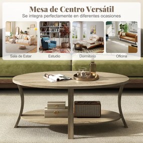 Mesa de Centro Oval 2 níveis 111 x 60,5 x 47 cm com prateleira de armazenamento natural