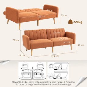 Sofá-Cama de 2 Lugares, 173 x 75 x 73 cm, Encosto Reclinável em 3 Posições, Castanho