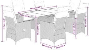 7 pcs conjunto de jantar p/ jardim c/ almofadões vime PE cinza
