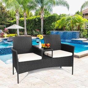 Conjunto de mesa e sofá em vidro de rattan PE com almofadas moderno para jardim, piscina, pátio 138 x 61 x 85 cm Almofadas Brancas
