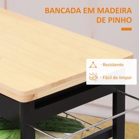 Carrinho de Cozinha  com Rodinhas com Prateleira e Gaveta 74x37x76cm Preto