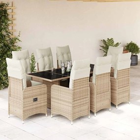 vidaXL 9 pcs conjunto de bistrô para jardim c/ almofadões vime PE bege