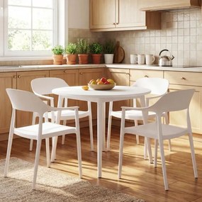 Conjunto de 4 cadeiras de jantar em plástico com encosto curvo, braços e assento amplo; para uso interior e exterior, na sala, terraço ou jardim branc