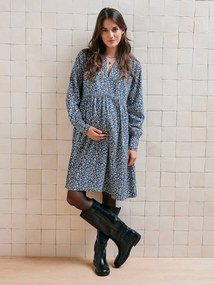 Agora -25%: Vestido curto, especial gravidez e amamentação, coleção cápsula mamã/menina azul estampado