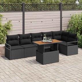 Conjunto de Sofá de Jardim vidaXL com 7 Peças e Almofadas Rattan Preto Acácia