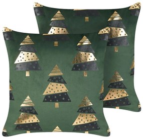 Conjunto de 2 almofadas decorativas com padrão natalício em veludo verde 45 x 45 cm GOLDSPRUCE Beliani