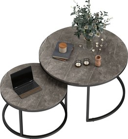 Conjunto de 2 mesas baixas centro encaixáveis e empilháveis, de design industrial, com tampo em imitação de cimento e pés em metal cinzentas e pretas