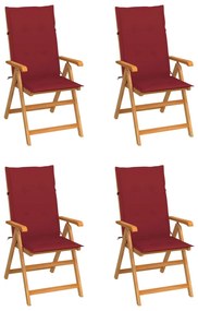 vidaXL Cadeiras jardim c/ almofadões vermelho tinto 4 pcs teca maciça