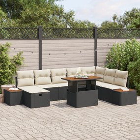 Conjunto de Sofá de 9 Peças de Jardim com Almofadas Preto Rattan Polié