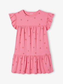 Agora -15%: Vestido bordado às flores, em malha frisada rosa-bombom