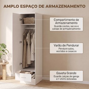 Roupeiro Moderno para Quarto com Barra de Pendurar Gaveta e Prateleira Superior 40x52x170 cm Branco