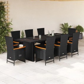 vidaXL 9 pcs conjunto de jantar p/ jardim c/ almofadões vime PE preto