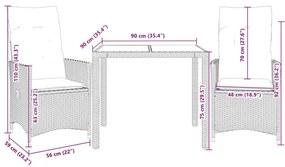 3 pcs conjunto bistrô com almofadões vime PE cinza