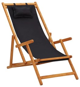 vidaXL Cadeira de praia dobrável madeira eucalipto maciça/tecido preto